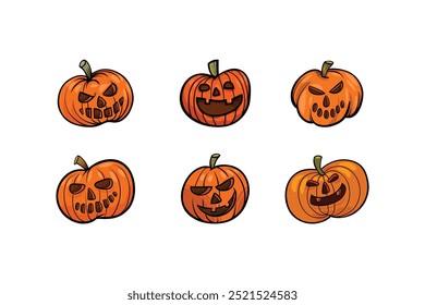 Conjunto de vetores de abóbora de Halloween. Ilustração de personagem de desenho animado de abóbora assustadora para design assustador
