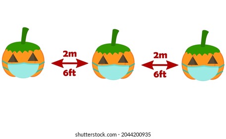 Set of halloween pumpkin wearing a face mask.Social distancing (COVID-19) and new normal concept.Coronavirus pandemic.Sign, symbol, icon or logo.Cartoon vector illustration.Flat design.