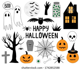 Set of halloween pumpkin, witch hat, bat, spider, cross, skull, ghost vector illustration