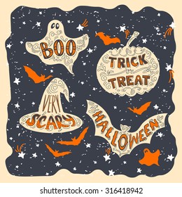 Set of Halloween pumpkin, witch hat, bat, ghost symbols. Hand drawn trick of treat, scary, boo, halloween lettering in vintage style.