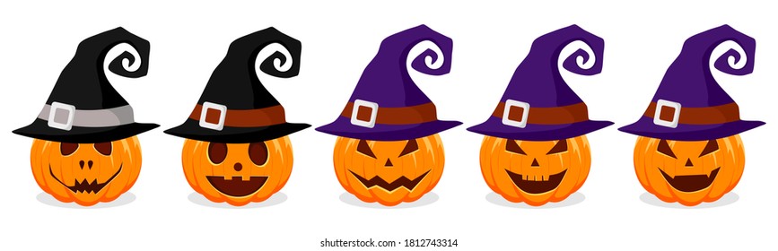 set of Halloween pumpkin with witches hat isolated on white background
