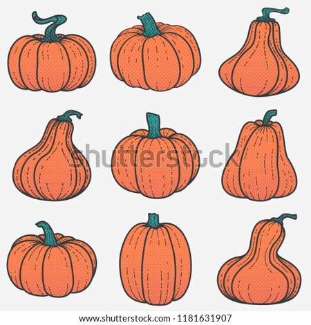 Set of Halloween pumpkins Autumn holidays Vector isolated illustration on white background Flat style Pop art 