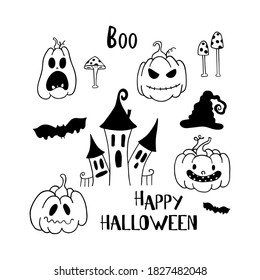 Conjunto de calabazas de Halloween, murciélago, boo, mosca agaric, casa sobre fondo blanco. Feliz feriado de Halloween. Ilustración vectorial.