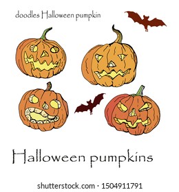 set of Halloween pumpkins and bats, vector-isolated images on white  background, doodles