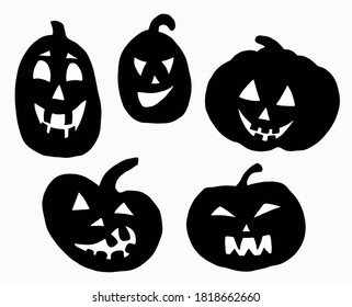 Set of Halloween pumpkins. Black silhouette on  white background. Various emotions - evil, funny, kind, stupid.
