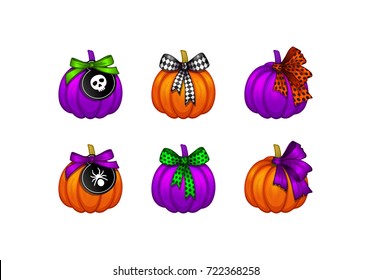 Set of Halloween pumpkins with bows, ribbons and black gift tags. Cartoon skull, spider. Purple, green, orange, white, checkered, polka dot bows. Vector illustration on a white background.