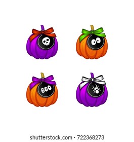 Set of Halloween pumpkins with bows, ribbons and black gift tags. Cartoon skull, spider, eyes, boo. Purple, green, orange, white bows. Vector illustration on a white background.