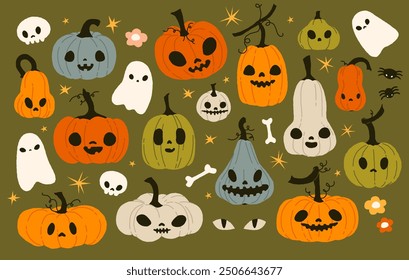 Set of Halloween pumpkins. Pumpkins with cartoon face, spiders, ghosts, bones. Trendy hand draw vector illustration