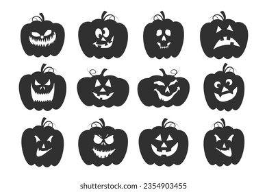 Set de calabazas de Halloween con caras de dibujos animados. Elementos de decoración festiva, vector	