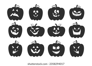 Set of Halloween pumpkins with cartoon faces. Festive decor elements, vector