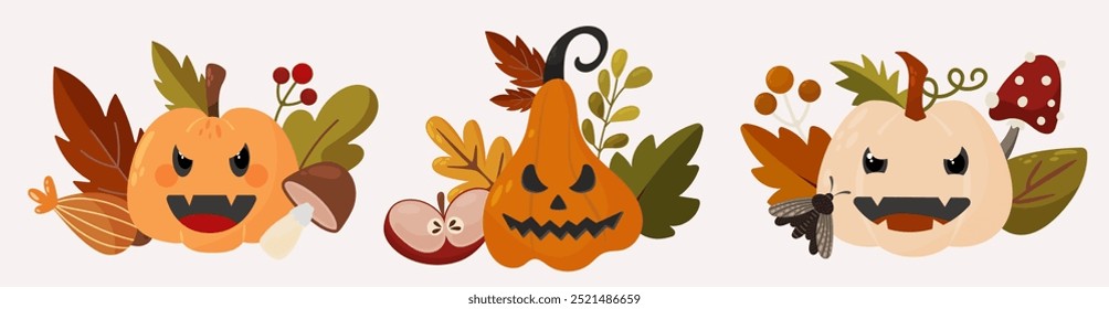 Set of Halloween pumpkins in cartoon style decorated with fall leaves. Collection with autumn botany. 