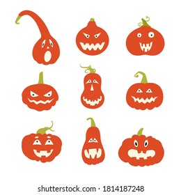 Se monta con calabazas de Halloween con caras talladas. ilustración vectorial para el diseño de embalajes, etiquetas de regalo, decoración