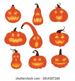 Set with Halloween pumpkins with carved faces. vector illustration for packaging design, gift tags, decoration