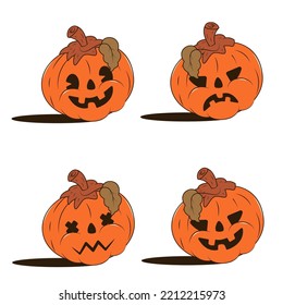 Set of Halloween pumpkins with carved faces, different emotions. Halloween holiday concept. Stock vector illustration of pumpkin head. Isolated white background.