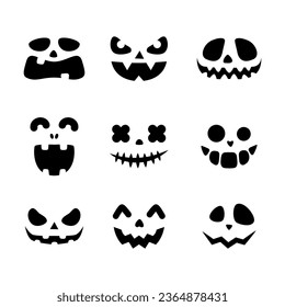 Set of Halloween pumpkins carved faces. Black silhouettes. Vector illustration isolated on white background