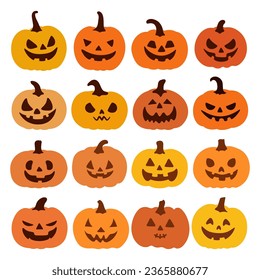 A set of Halloween pumpkins with carved faces. The pumpkins are different sizes and shapes, and the faces have different expressions.