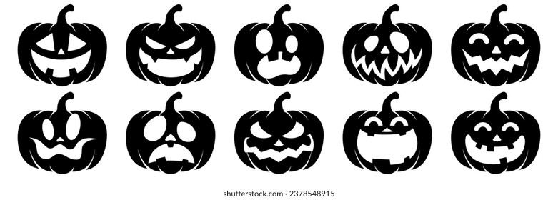 Set of Halloween pumpkins carved faces silhouettes. Black isolated halloween pumpkin face patterns on orange. Scary and funny faces of Halloween pumpkin or ghost. Vector illustration