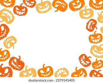 Set of Halloween pumpkins carved faces silhouettes. Black isolated halloween pumpkin face patterns on orange. Scary and funny faces of Halloween pumpkin or ghost. Vector illustration