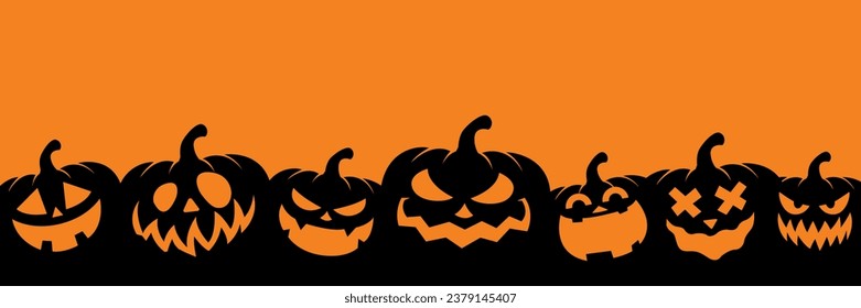 Set of Halloween pumpkins carved faces silhouettes. Black isolated halloween pumpkin face patterns on orange. Scary and funny faces of Halloween pumpkin or ghost. Vector illustration