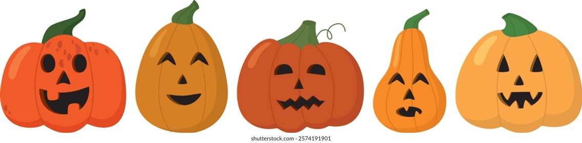 A set of Halloween pumpkins with carved faces. Elements of decor for the autumn holiday