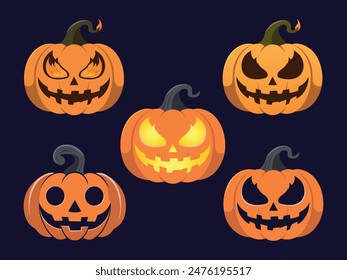 Set von Halloween Kürbissen. Fröhliche Jack-o'-Laterne, unheimliche, leuchtende Kürbis-Vektorillustration