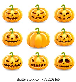 Set of  halloween pumpkins collection isolated on white background. Vector illustration.