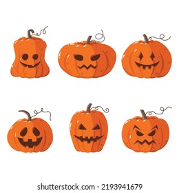 Set of Halloween pumpkins, creepy faces. Autumn holidays.