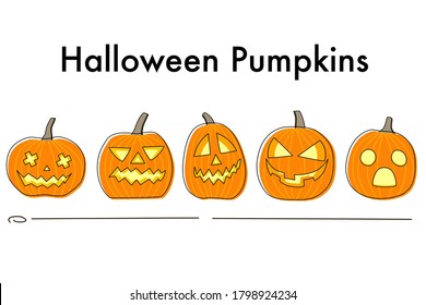 Set of halloween pumpkins, cut out faces funny and spooky. Autumn holidays. Vector illustration with flat simply design. Hand drawing.