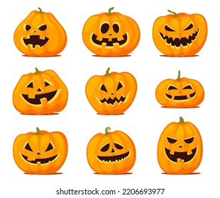 Set of Halloween pumpkins with cut out faces. Scary, fun, smiles for pumpkins. Vector illustration