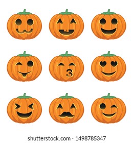 set of Halloween pumpkins with cute faces on a white background vector illustration