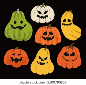 Set of Halloween pumpkins of different colors and shapes. Flat vector illustration.