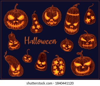 Set of halloween pumpkins of different creepy faces for icons and decorations in bright background. Hand drawn sketch style on a dark background. Jack-o-lantern glow from the inside.