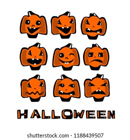 Set of Halloween pumpkins with different emotions in a cartoonish, comic style