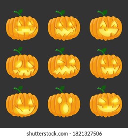 set of halloween pumpkins with different expressions, glow in the dark, vector illustration on dark background