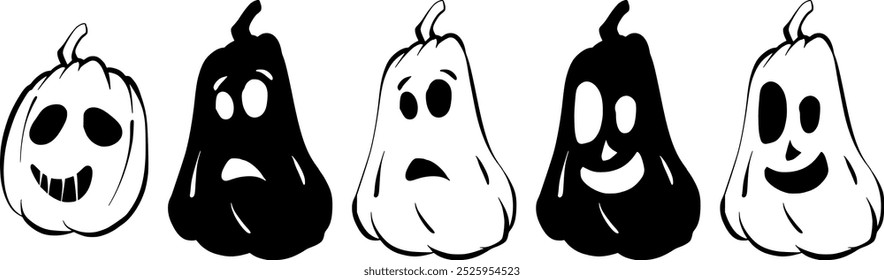 Set of Halloween Pumpkins with Different Expressions for icons and decorations isolated in white background. Vector illustration. shilouete style