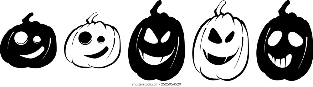 Set of Halloween Pumpkins with Different Expressions for icons and decorations isolated in white background. Vector illustration. shilouete style
