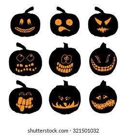 Set of halloween pumpkins with different expressions for your design and business. Scary funny cute characters. Vector illustration EPS 10 isolated on white background. Custom shapes, faces and smiles