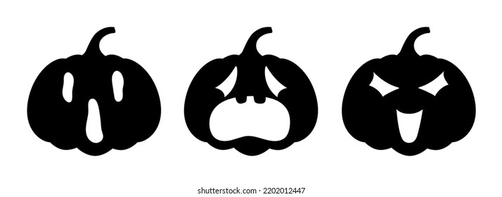 Set of halloween pumpkins, different faces on white background. silhouette pumpkin with smile for holiday Halloween.