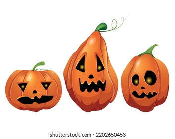 Conjunto de calabazas de Halloween con diferentes caras para iconos y decoraciones aisladas en fondo blanco. Ilustración vectorial.