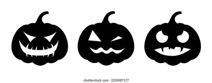 Set of halloween pumpkins, different faces on white background. silhouette pumpkin with smile for holiday Halloween.