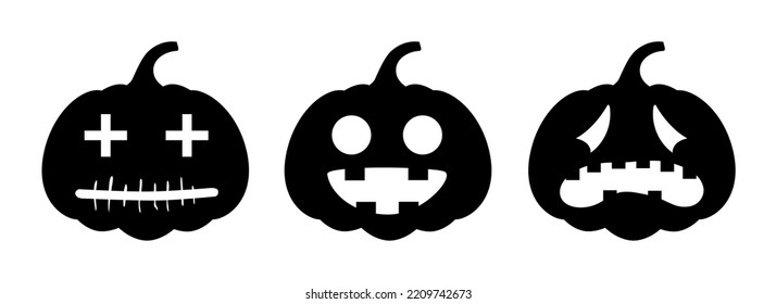 Set of halloween pumpkins, different faces on white background. silhouette pumpkin with smile for holiday Halloween.