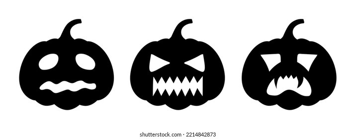 Conjunto de calabazas de halloween, diferentes caras sobre fondo blanco. calabaza de silueta con sonrisa en Halloween de vacaciones.
