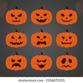 Set Of Halloween Pumpkins With Different Faces. Celebration Design. Flat Style Vector Illustration