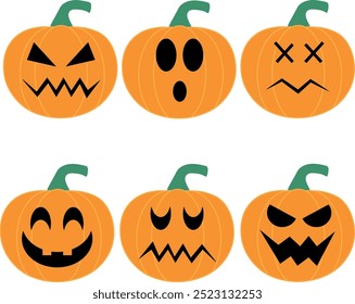Set of Halloween pumpkins with different faces.