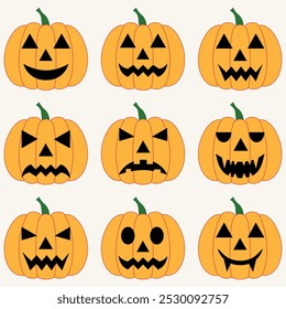 Set of Halloween pumpkins with different faces