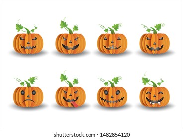 Set of Halloween pumpkins with different facial expressions, paper art and craft style, flat-style vector illustration.