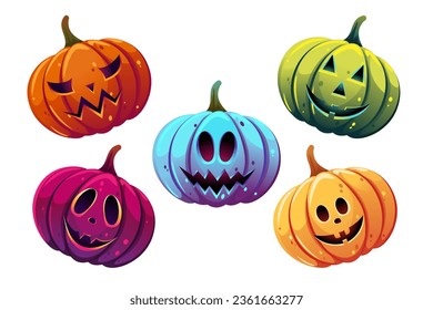 A set of Halloween pumpkins with different facial expressions.The symbol of the Halloween holiday.Scary and funny colorful pumpkins.Vector illustration.