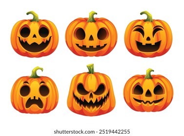 Set of Halloween pumpkins with different facial expressions. Vector cartoon illustration