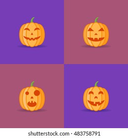 Set of halloween pumpkins with different facial expressions. Jack-o-Lantern. Flat style icons. Vector illustration.