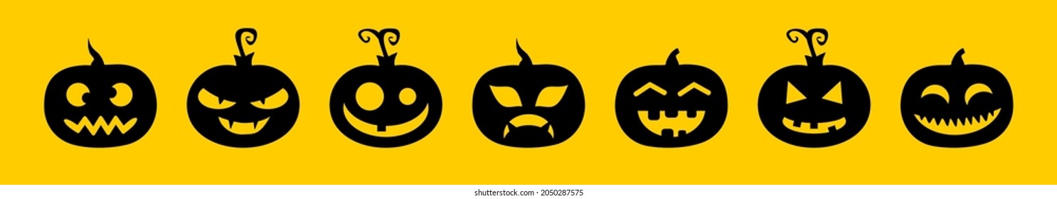 Set of Halloween pumpkins with different grimaces on a yellow background
